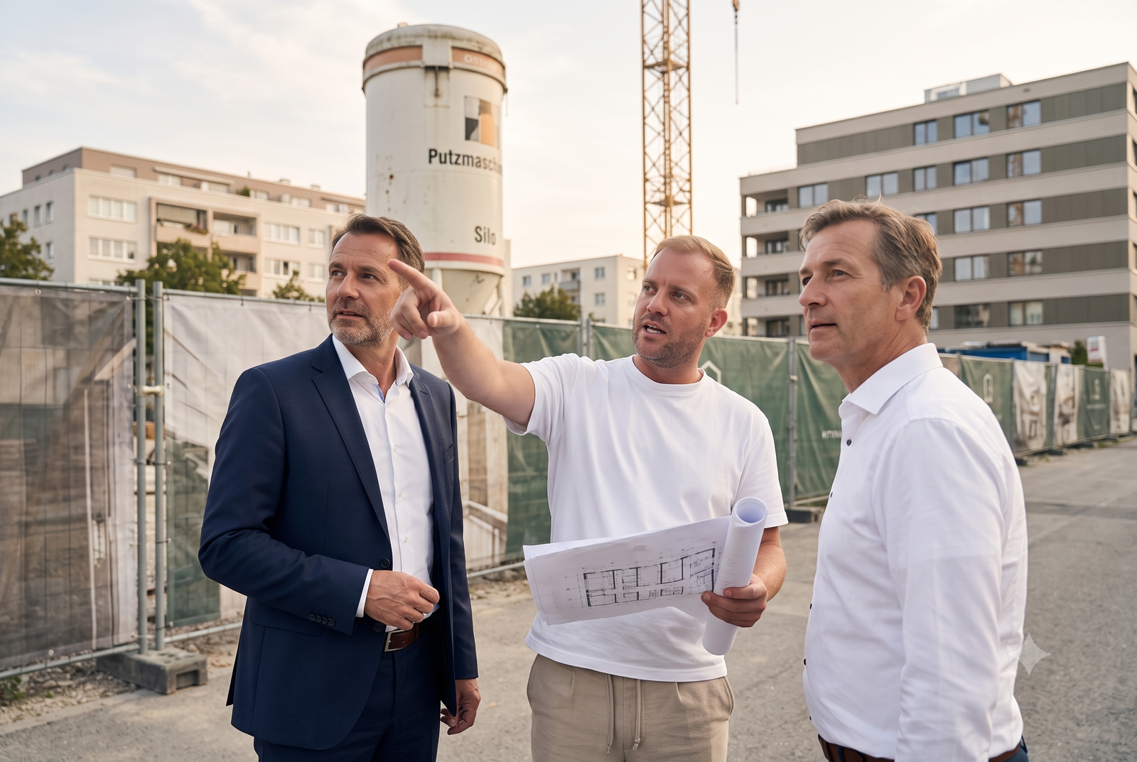 David Wagner von wert5 im Gespräch mit einem Bauträger auf einer Neubau-Baustelle, Bauplan in der Hand – Abgleich von Neubau-Einheiten mit den Suchprofilen vorgemerkter Kapitalanleger
