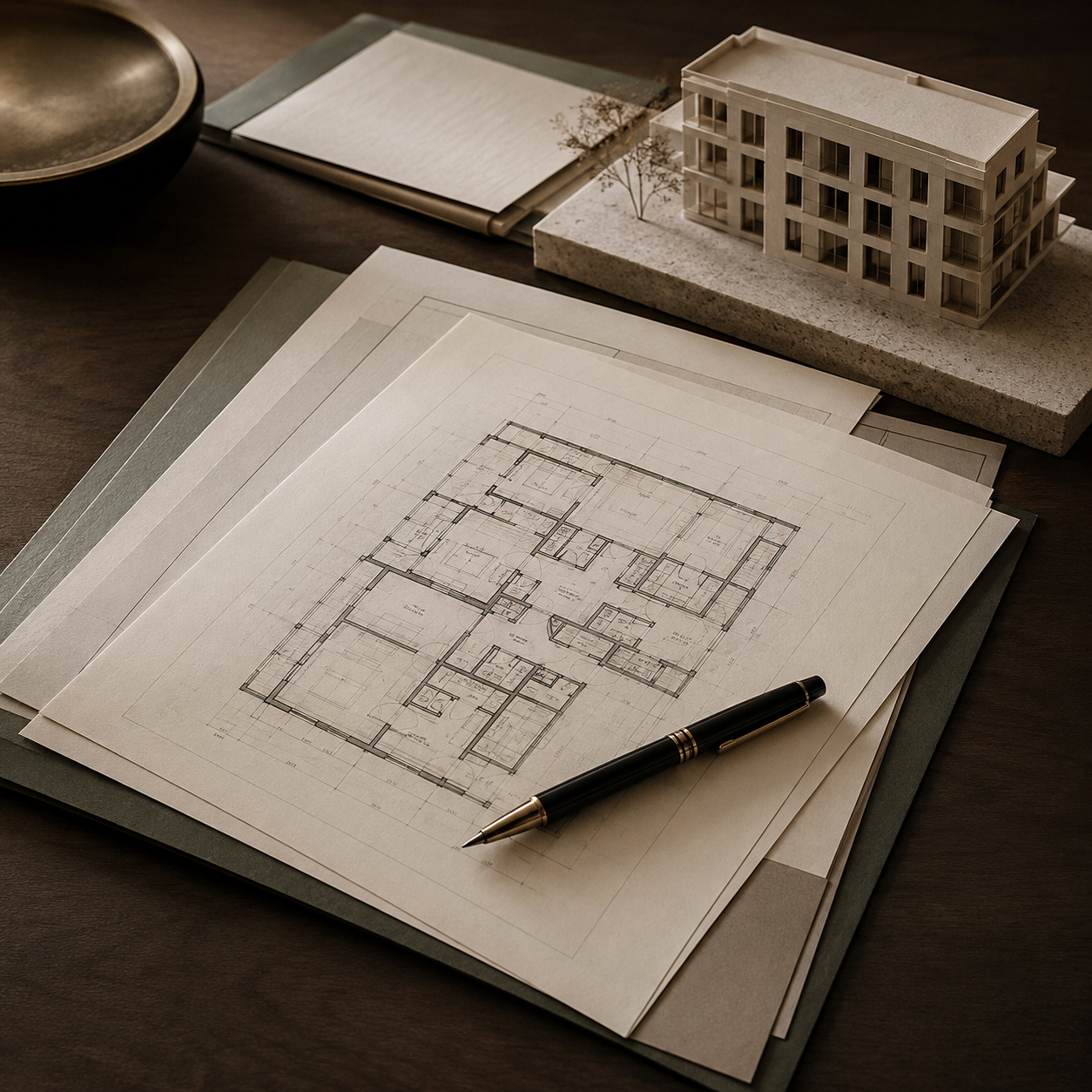 Architektur-Exposé mit Grundrissen und Gebäudemodell