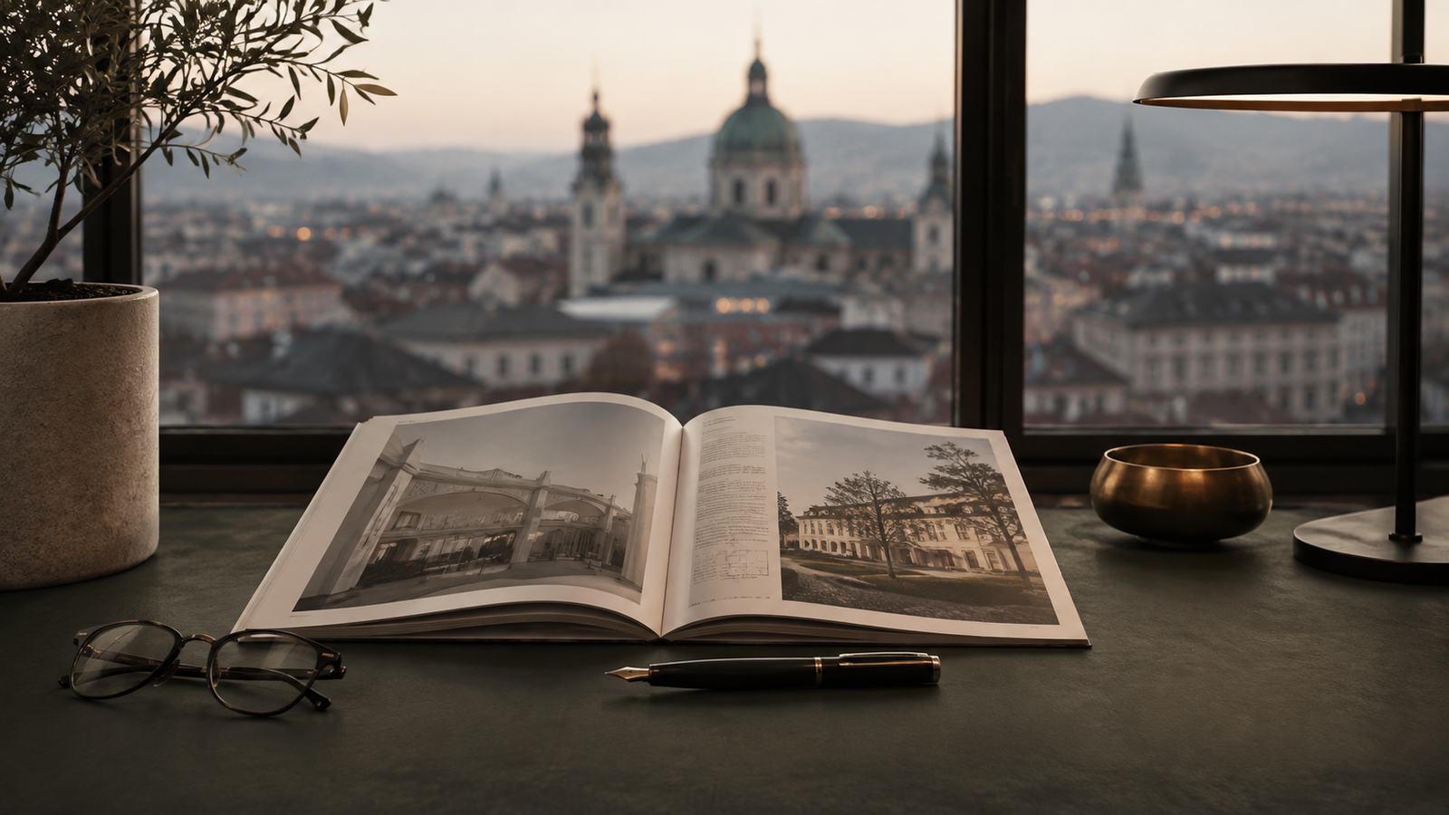 Ruhiger Lesetisch mit Fachliteratur und Blick auf die Stadt – Insights zu Immobilien als Kapitalanlage